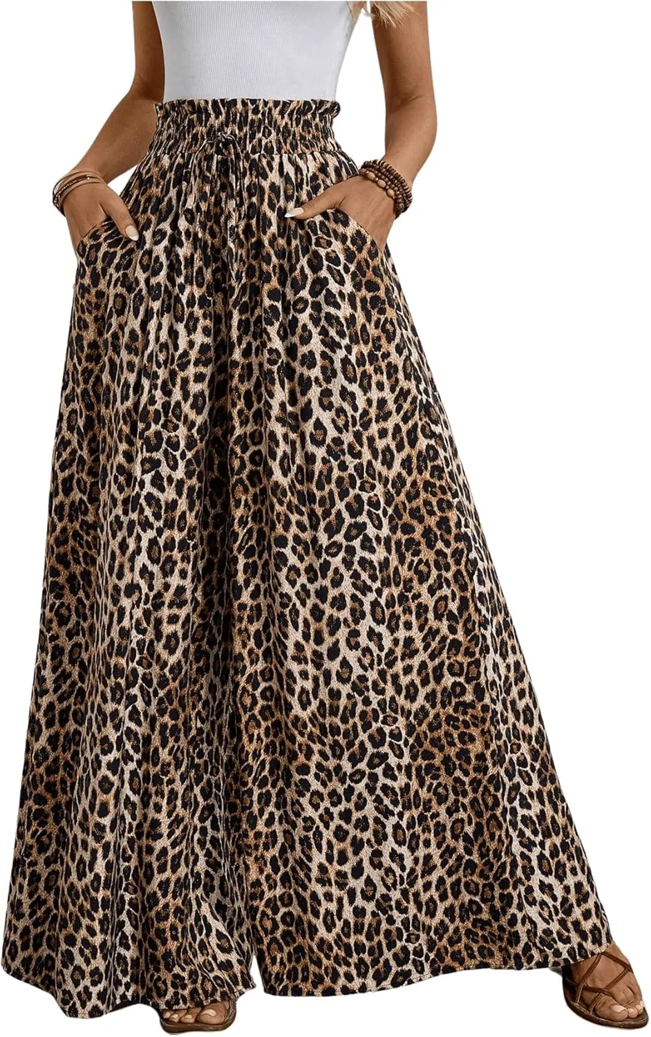 Verdusa Women's Wide Leg Pants Leopard Print Paperbag Waist Palazzo Pant