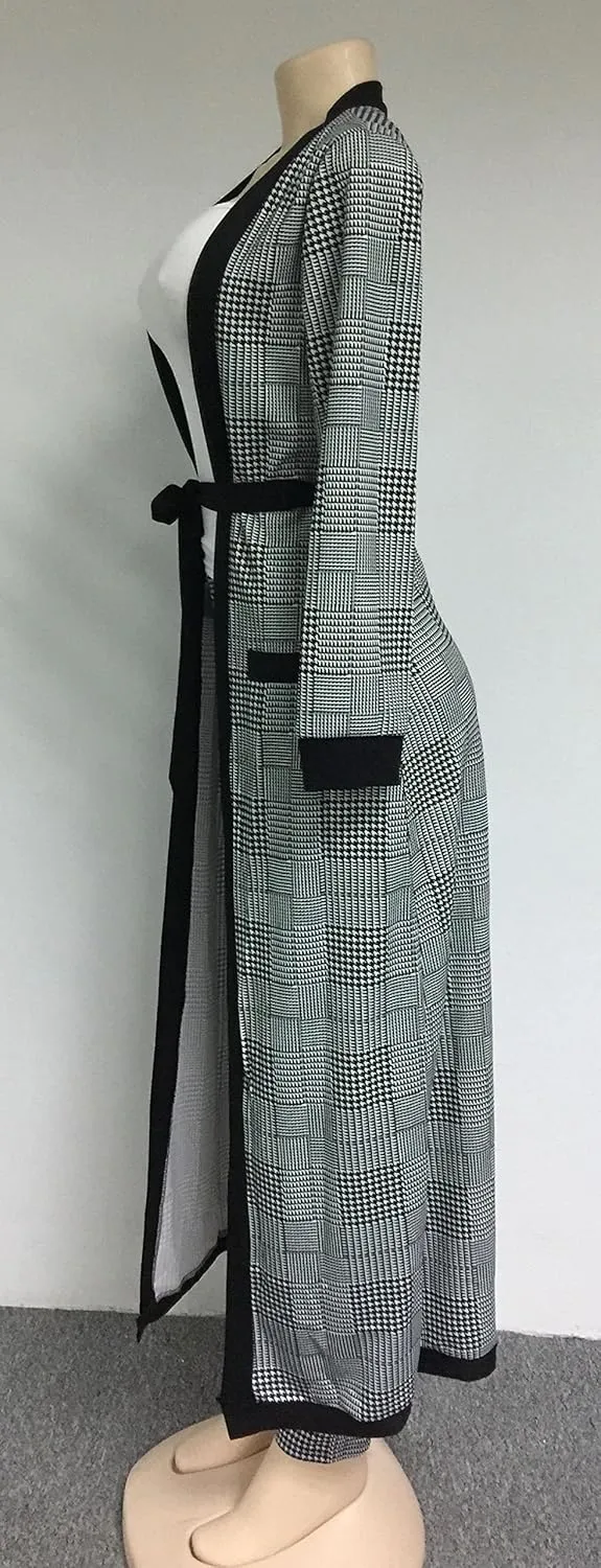 VERWIN Long Sleeve Plaid Tops and High Waist Skinny Pants Houndstooth Cardigan Pants Set Outfit 3 Sets