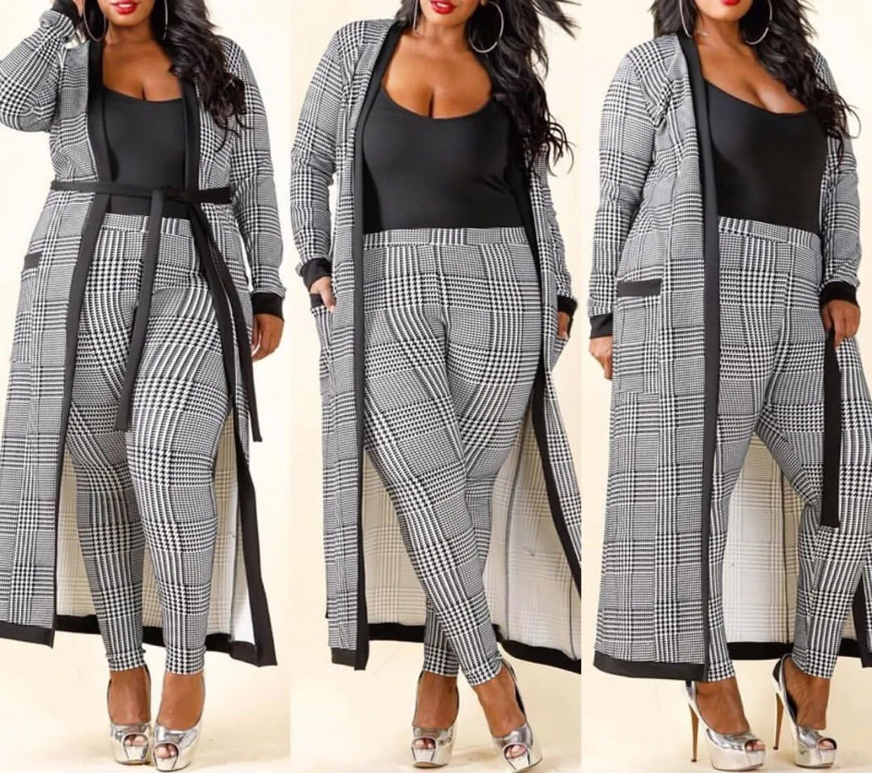 VERWIN Long Sleeve Plaid Tops and High Waist Skinny Pants Houndstooth Cardigan Pants Set Outfit 3 Sets