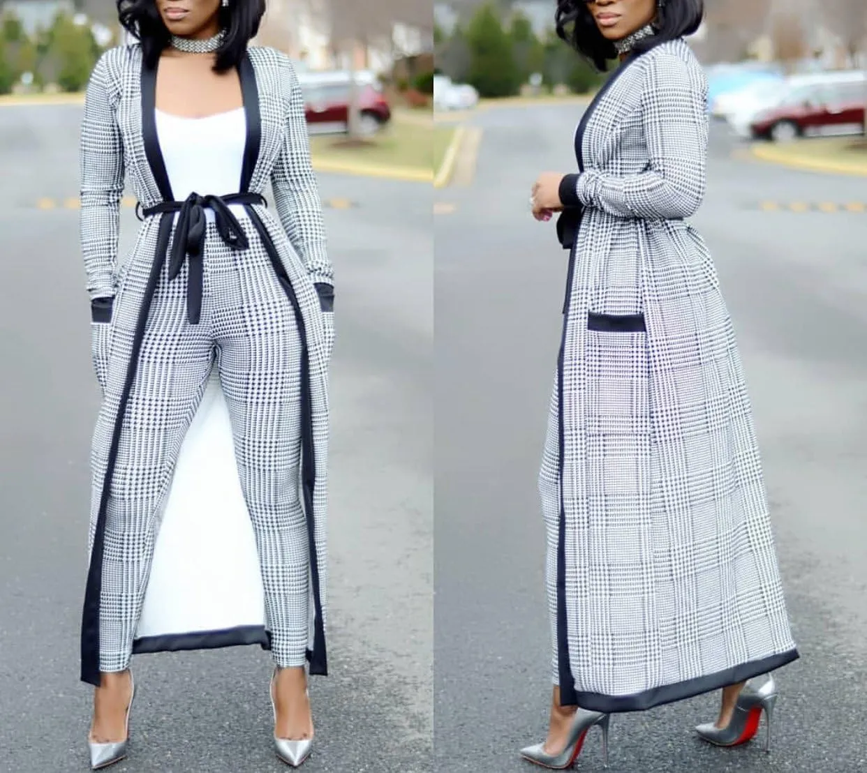 VERWIN Long Sleeve Plaid Tops and High Waist Skinny Pants Houndstooth Cardigan Pants Set Outfit 3 Sets