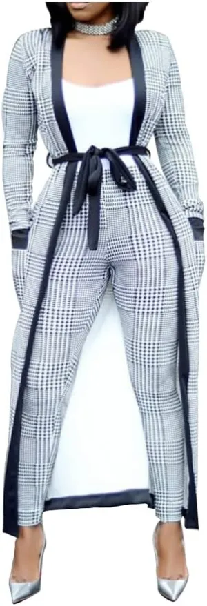 VERWIN Long Sleeve Plaid Tops and High Waist Skinny Pants Houndstooth Cardigan Pants Set Outfit 3 Sets