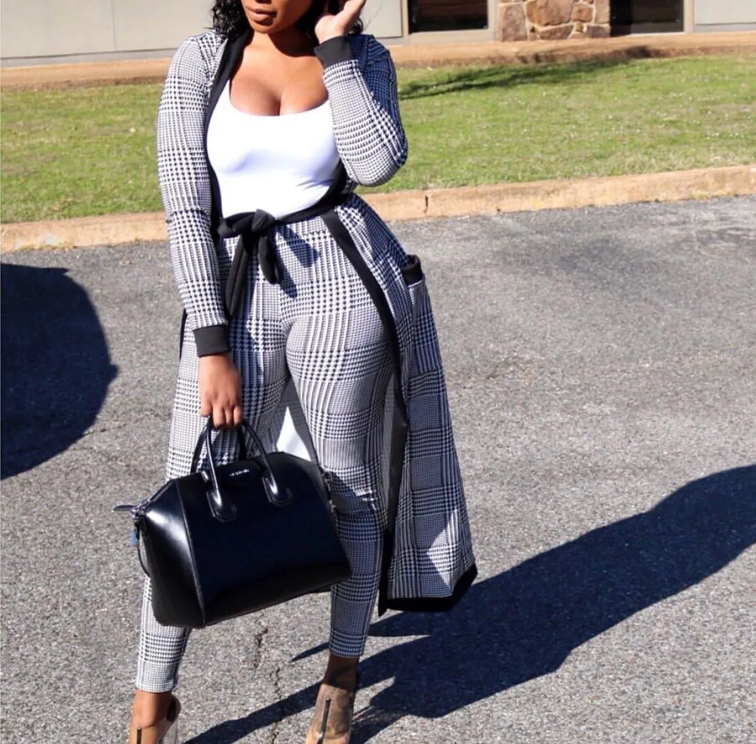 VERWIN Long Sleeve Plaid Tops and High Waist Skinny Pants Houndstooth Cardigan Pants Set Outfit 3 Sets