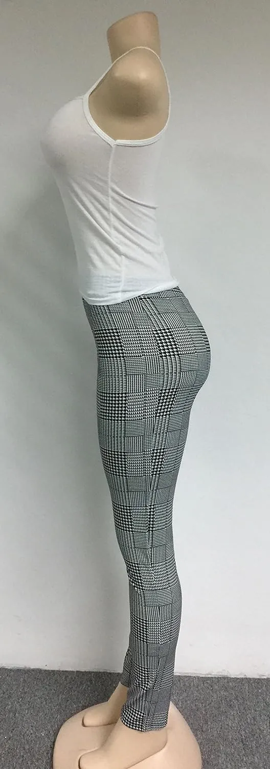 VERWIN Long Sleeve Plaid Tops and High Waist Skinny Pants Houndstooth Cardigan Pants Set Outfit 3 Sets