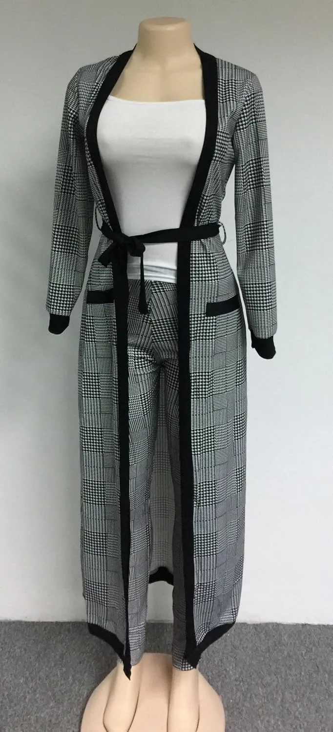 VERWIN Long Sleeve Plaid Tops and High Waist Skinny Pants Houndstooth Cardigan Pants Set Outfit 3 Sets