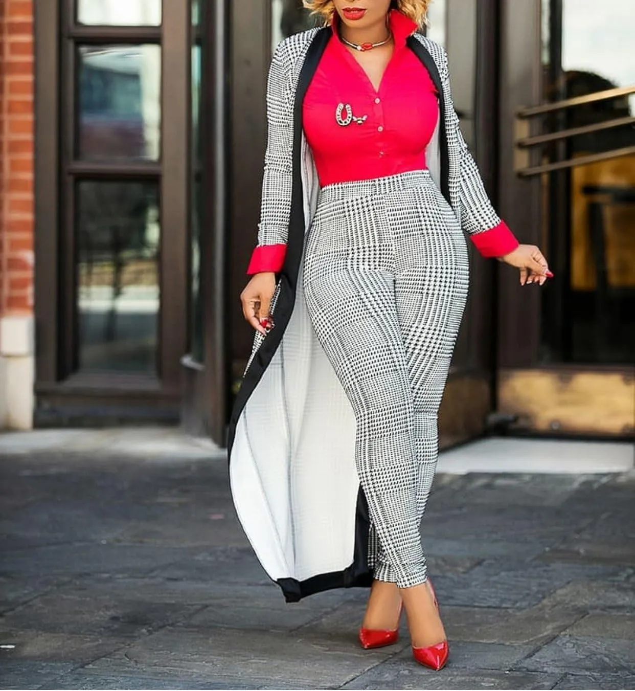 VERWIN Long Sleeve Plaid Tops and High Waist Skinny Pants Houndstooth Cardigan Pants Set Outfit 3 Sets