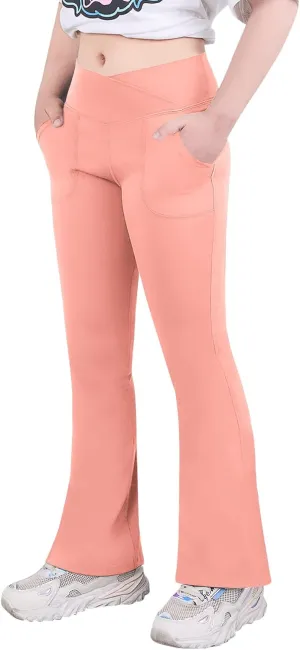viehunt Girls High Waisted Flare Leggings Crossover Cute Wide Leg Solid Full Length Yoga Pants with Pockets