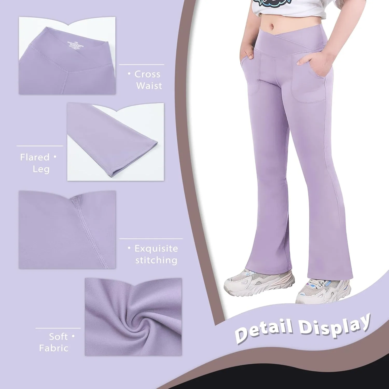 viehunt Girls High Waisted Flare Leggings Crossover Cute Wide Leg Solid Full Length Yoga Pants with Pockets