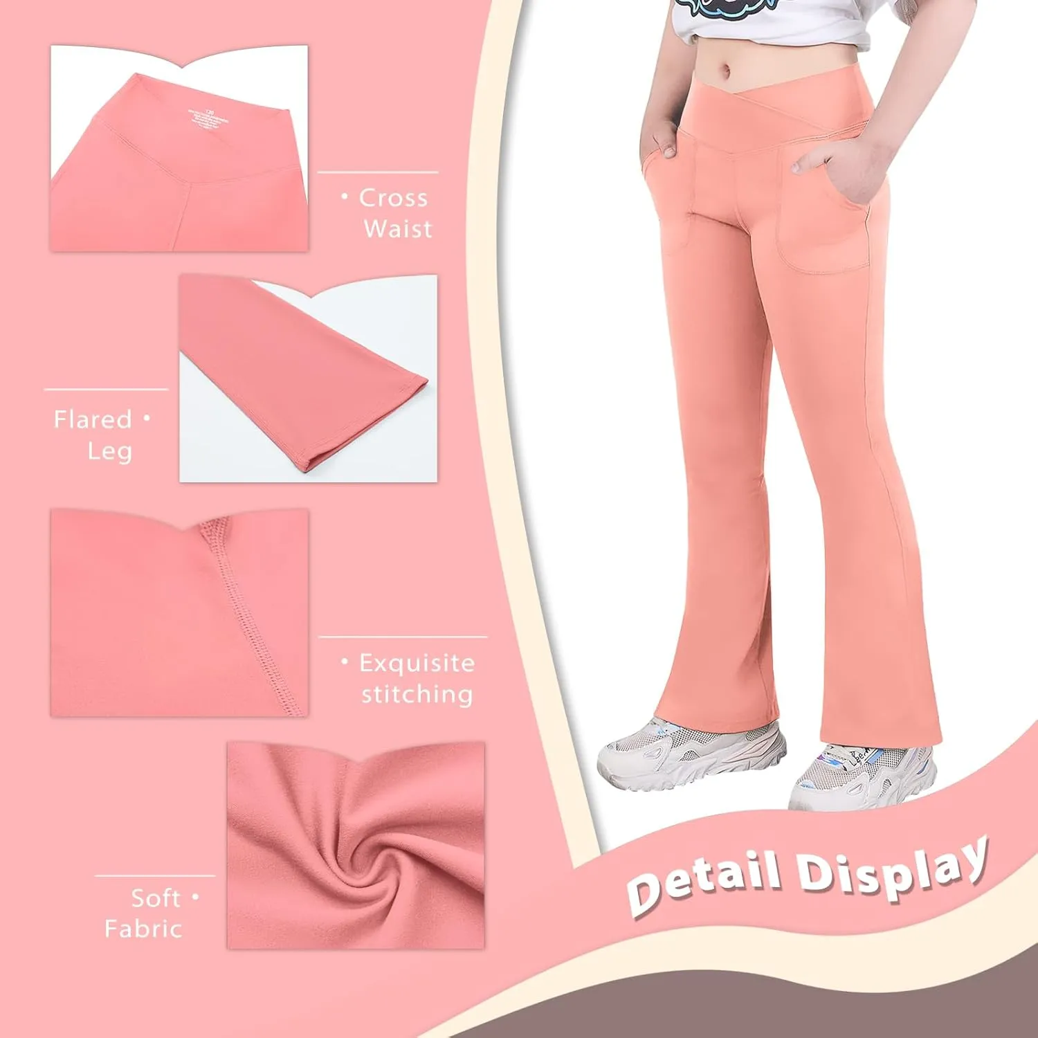 viehunt Girls High Waisted Flare Leggings Crossover Cute Wide Leg Solid Full Length Yoga Pants with Pockets