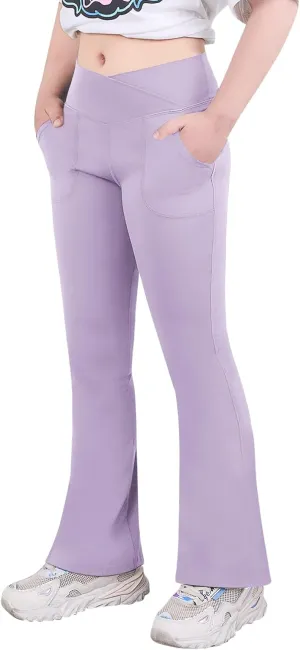 viehunt Girls High Waisted Flare Leggings Crossover Cute Wide Leg Solid Full Length Yoga Pants with Pockets
