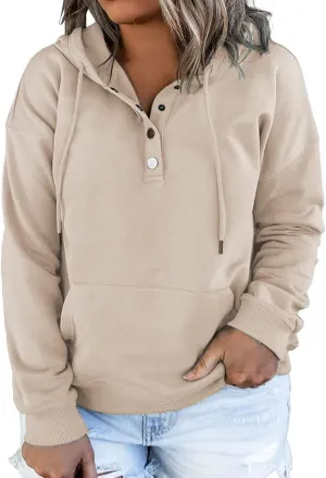 VISLILY Women's-Plus-Size-Hoodies Buttons Collar Hooded Sweatshirts Drawstring Pullover Tops with Kangaroo Pocket XL-4XL