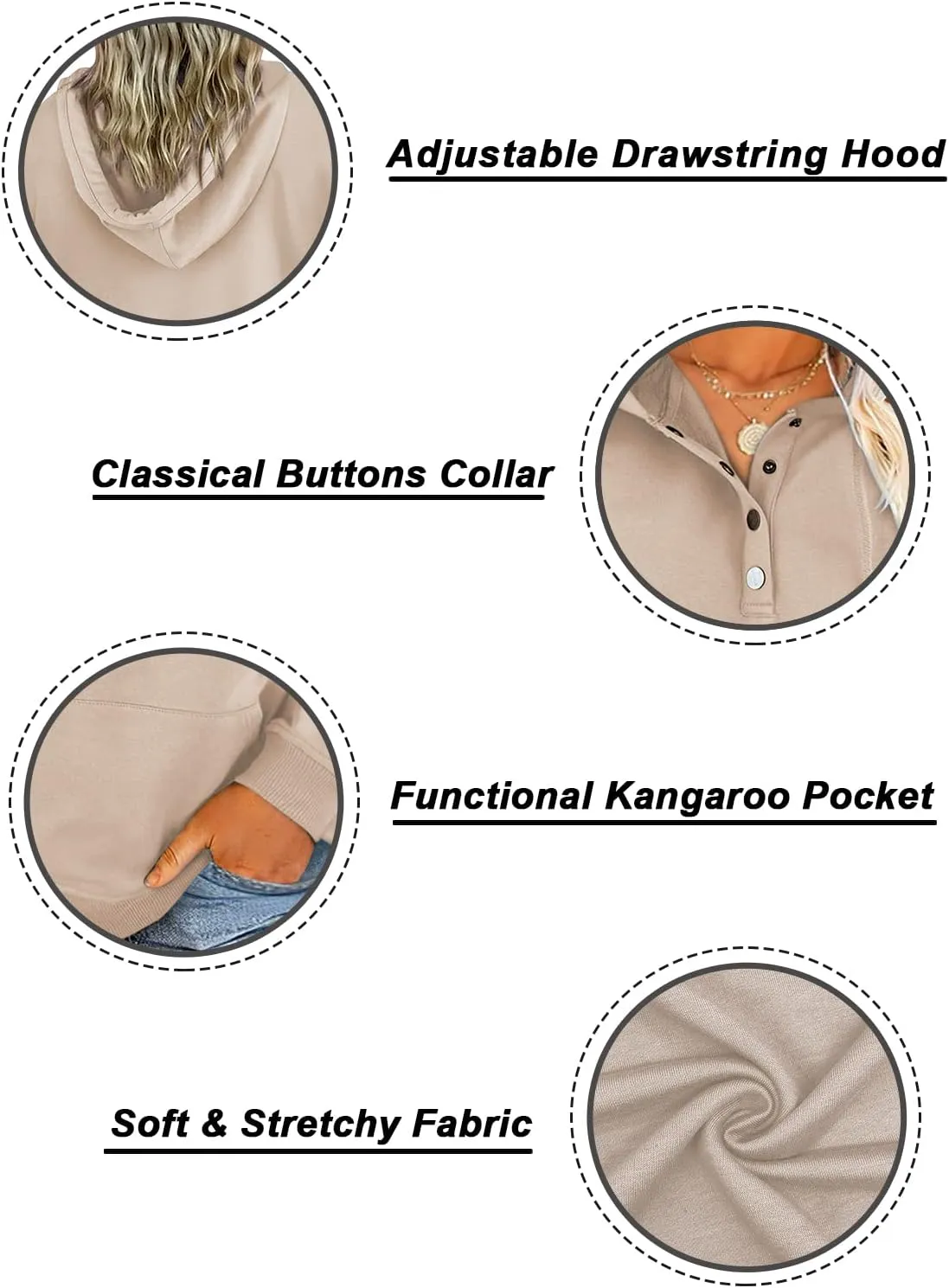 VISLILY Women's-Plus-Size-Hoodies Buttons Collar Hooded Sweatshirts Drawstring Pullover Tops with Kangaroo Pocket XL-4XL