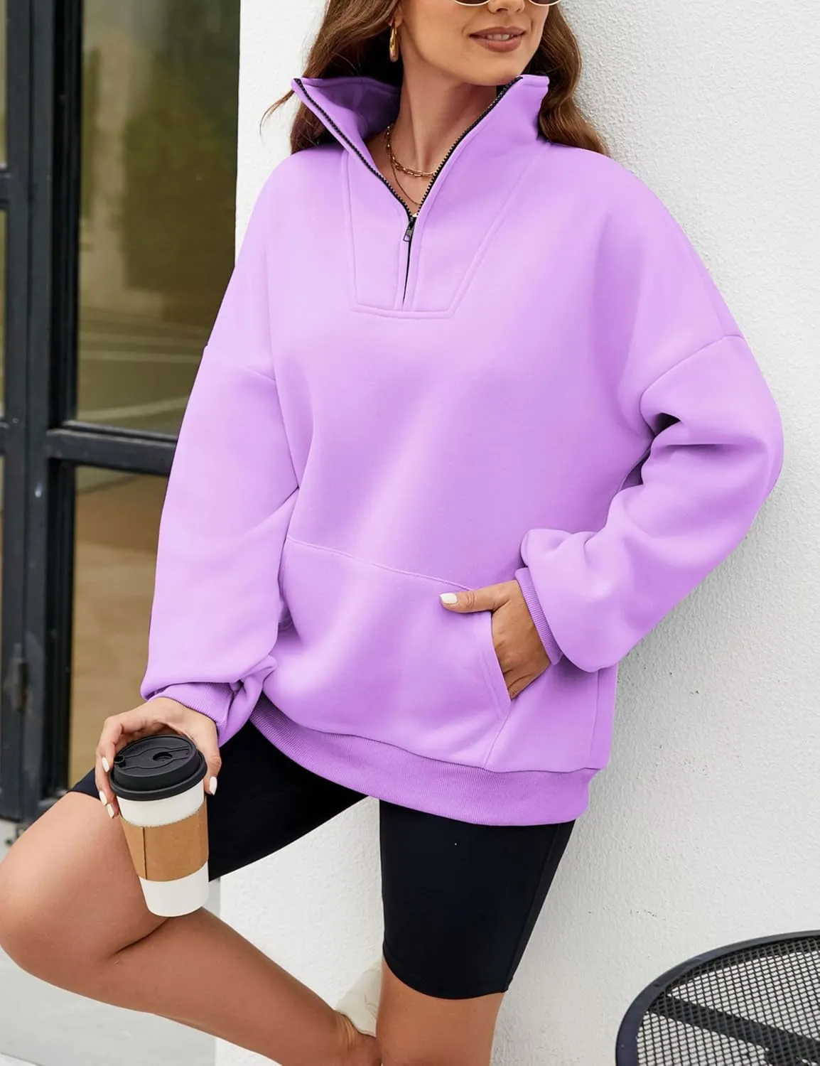 Wanzetaly Womens Oversized Half Zipper Stand Collar Hooded Sweatshirts Crop Hoodie Fleece Pullover Tops with Pocket