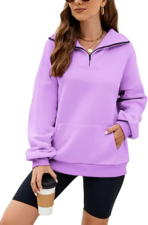 Wanzetaly Womens Oversized Half Zipper Stand Collar Hooded Sweatshirts Crop Hoodie Fleece Pullover Tops with Pocket