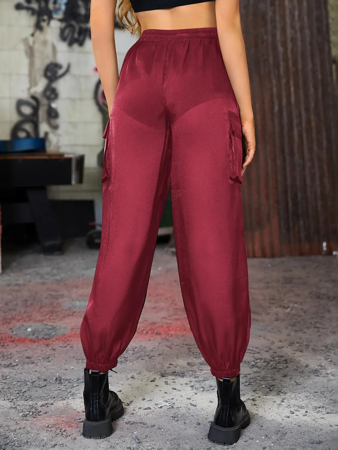 WDIRARA Women's Sheer Mesh High Waisted Straight Leg Cargo Pants with Pockets