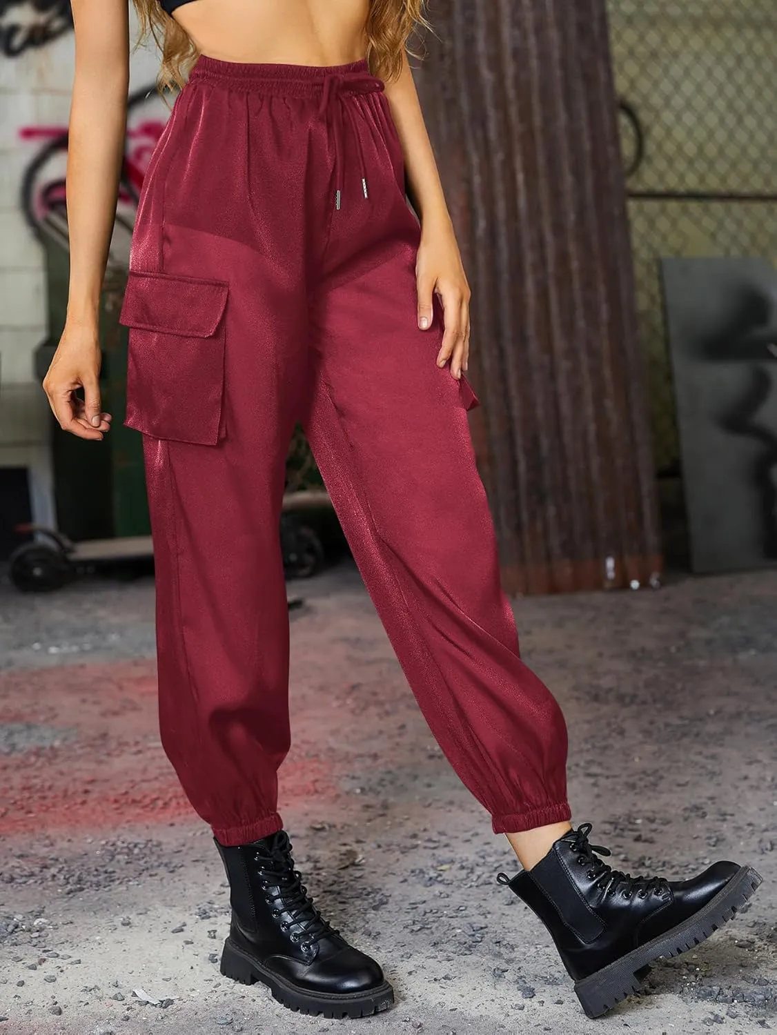WDIRARA Women's Sheer Mesh High Waisted Straight Leg Cargo Pants with Pockets