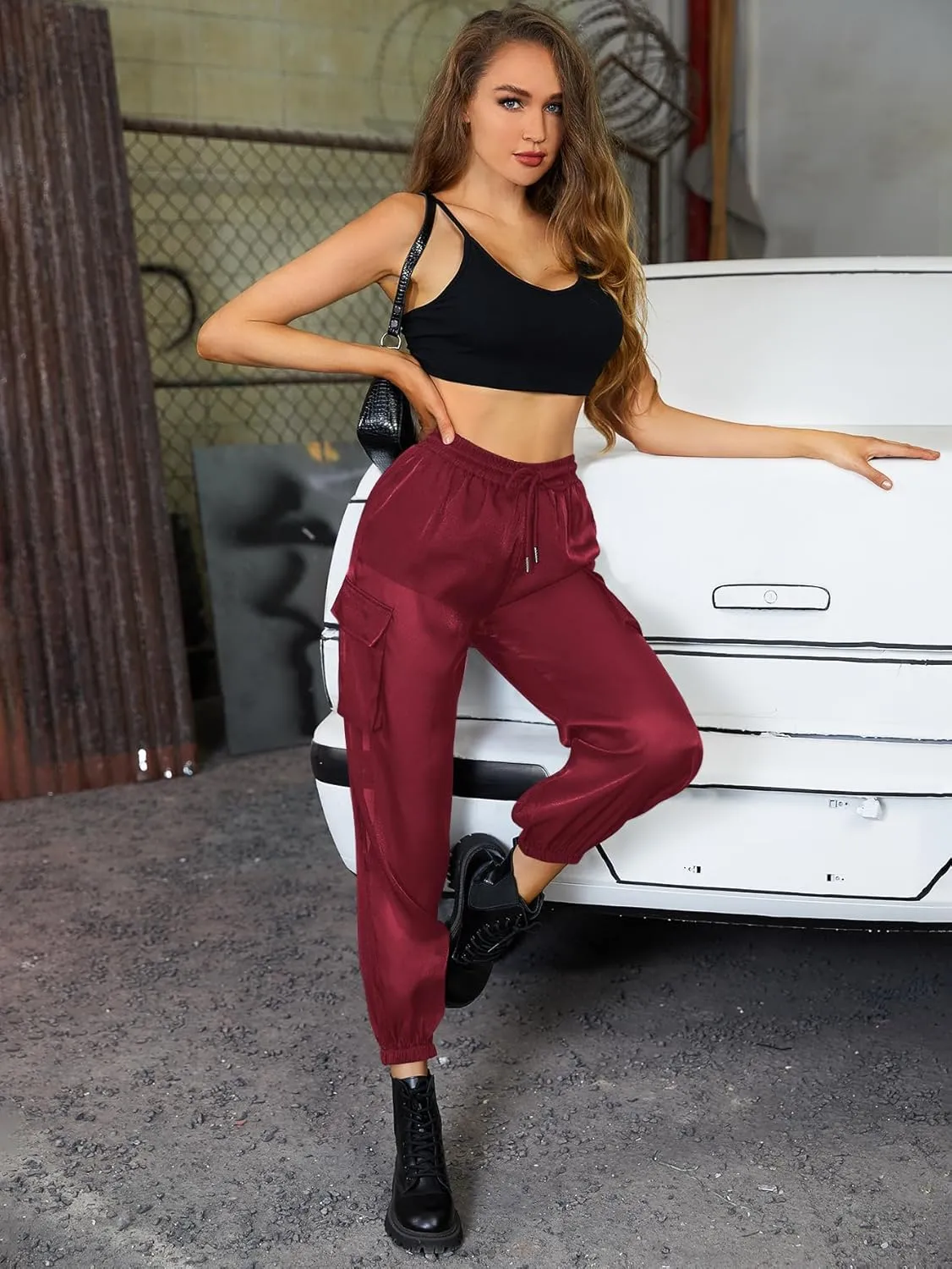 WDIRARA Women's Sheer Mesh High Waisted Straight Leg Cargo Pants with Pockets