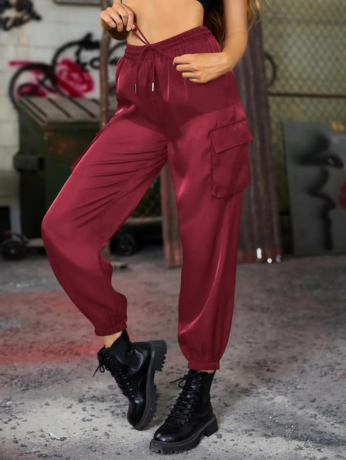 WDIRARA Women's Sheer Mesh High Waisted Straight Leg Cargo Pants with Pockets