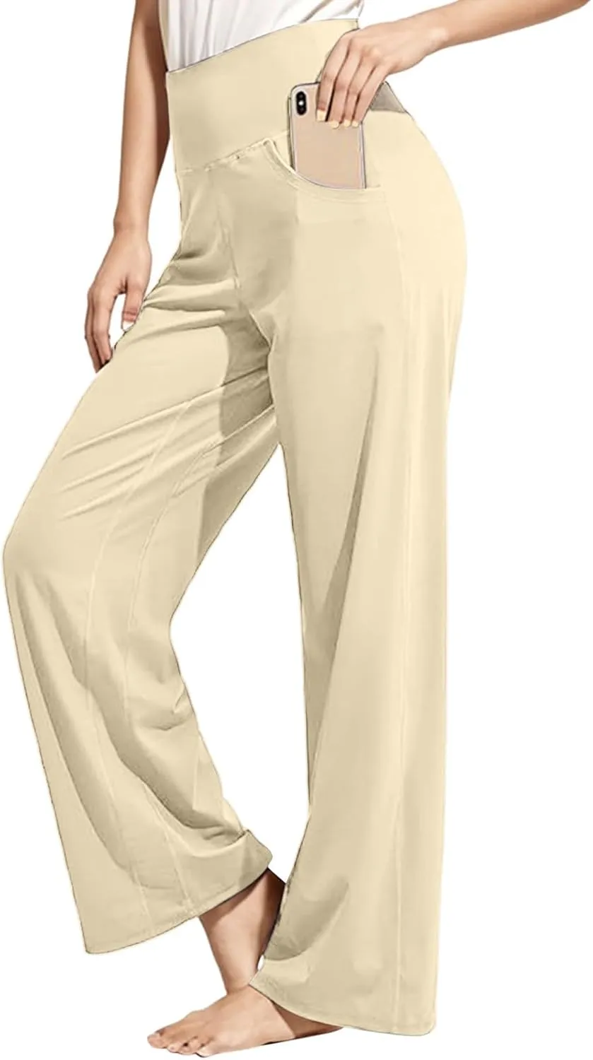 Wide Leg Yoga Pants for Women High Waist Loose Fit Comfy Pajama Pants Stretch Open Bottom Workout Athletic Trousers