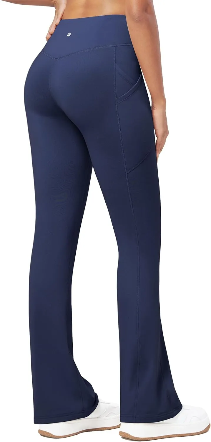 Willit Women's Fleece Lined Pants Thermal Leggings Winter Bootcut Yoga Pants Zipper Pockets Flare High Waist Water Resistant