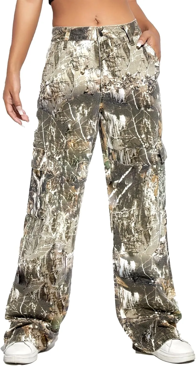 Women Camo Cargo Pants High Waist Baggy Wide Leg Camouflage Army Fatigue Joggers Trousers Slim Fit Pocket Sweatpants