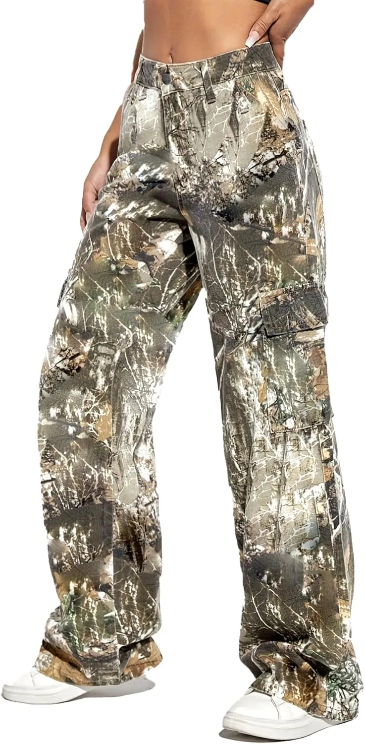 Women Camo Cargo Pants High Waist Baggy Wide Leg Camouflage Army Fatigue Joggers Trousers Slim Fit Pocket Sweatpants