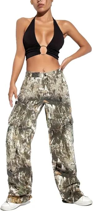 Women Camo Cargo Pants High Waist Baggy Wide Leg Camouflage Army Fatigue Joggers Trousers Slim Fit Pocket Sweatpants
