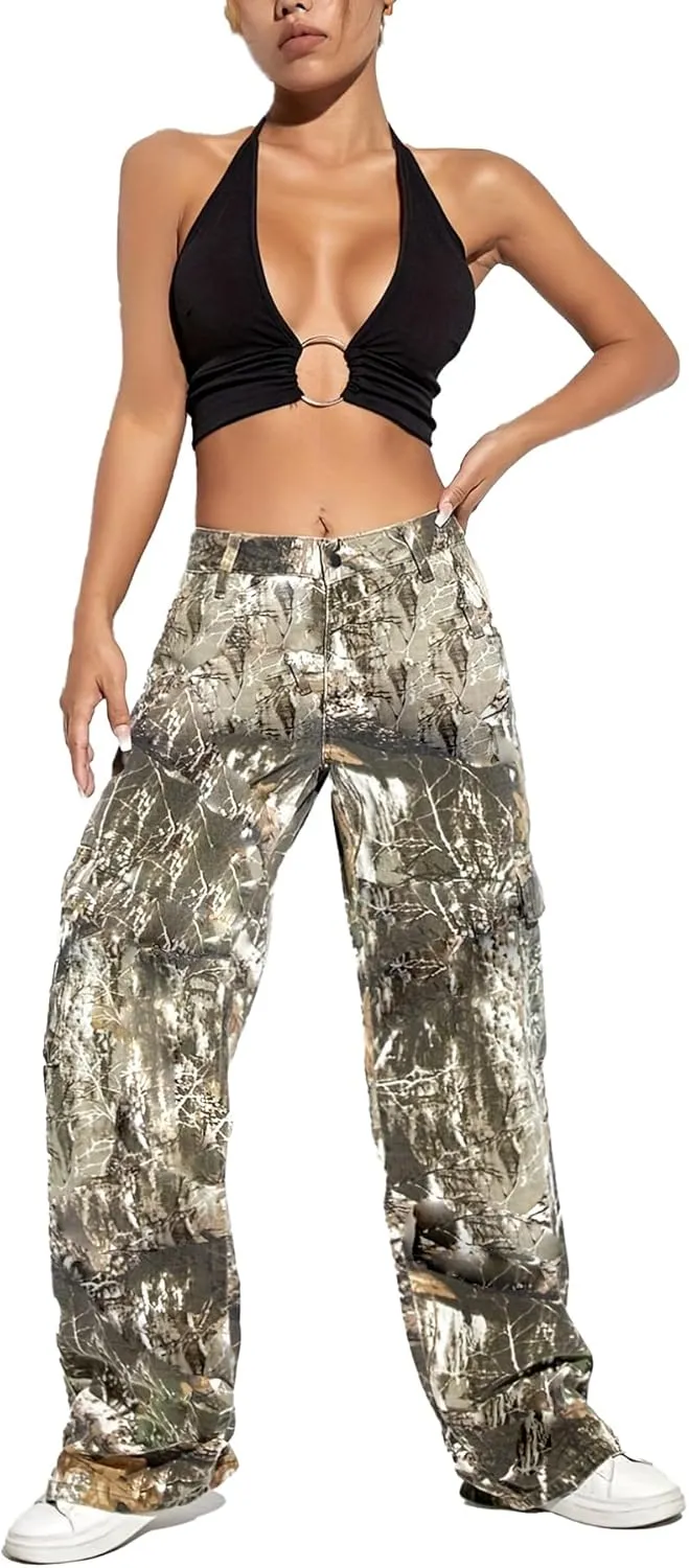 Women Camo Cargo Pants High Waist Baggy Wide Leg Camouflage Army Fatigue Joggers Trousers Slim Fit Pocket Sweatpants