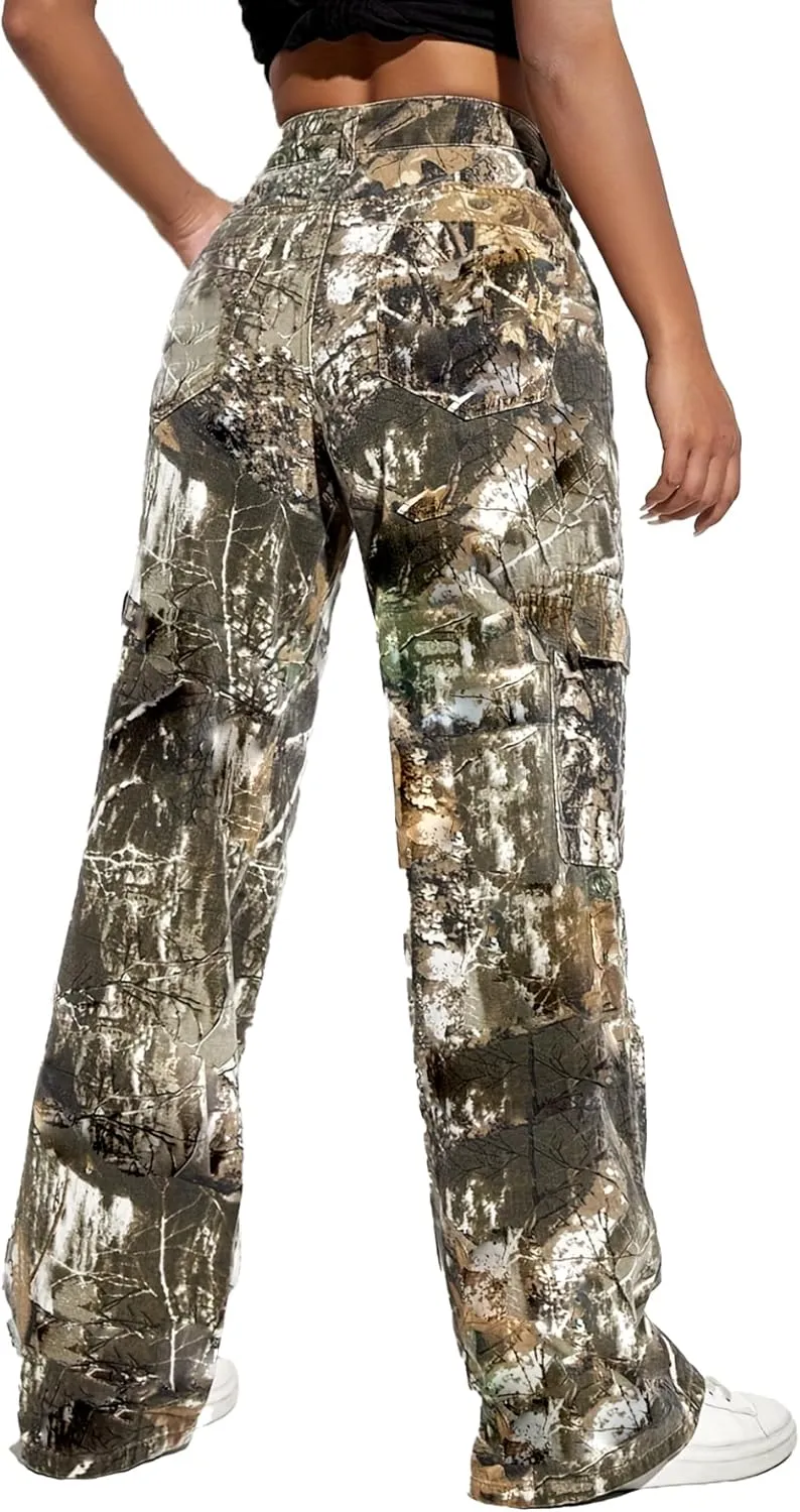 Women Camo Cargo Pants High Waist Baggy Wide Leg Camouflage Army Fatigue Joggers Trousers Slim Fit Pocket Sweatpants