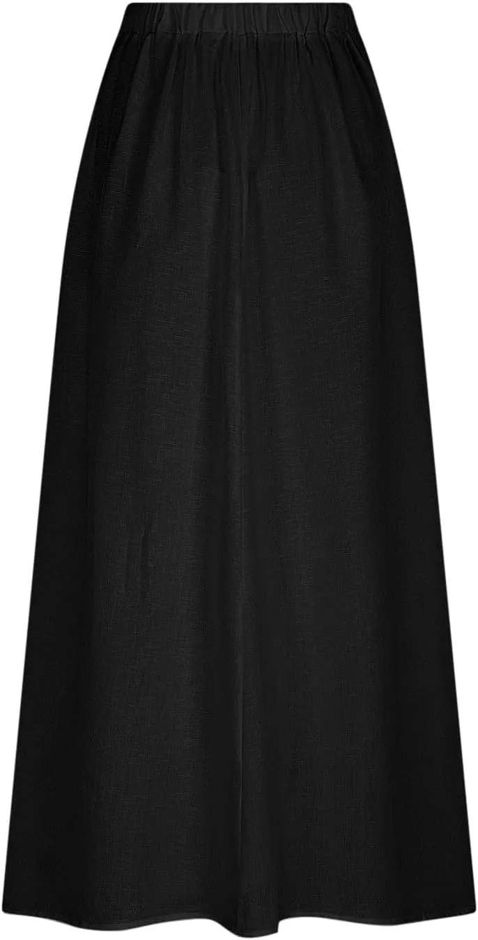 Women Casual Elastic High Waist Long Maxi Skirts Stretch Lightweight Plus Size Knee Length Skirt Summer Beach Dress