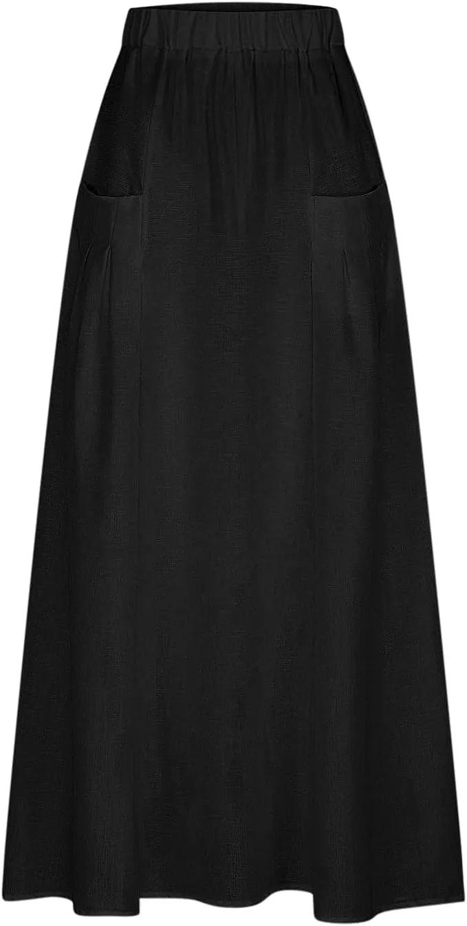 Women Casual Elastic High Waist Long Maxi Skirts Stretch Lightweight Plus Size Knee Length Skirt Summer Beach Dress