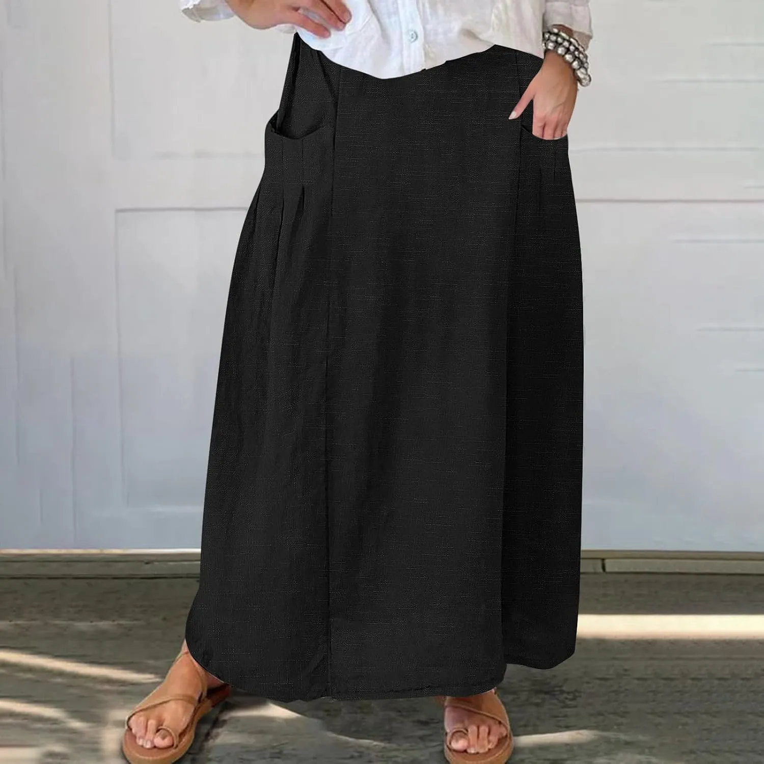 Women Casual Elastic High Waist Long Maxi Skirts Stretch Lightweight Plus Size Knee Length Skirt Summer Beach Dress