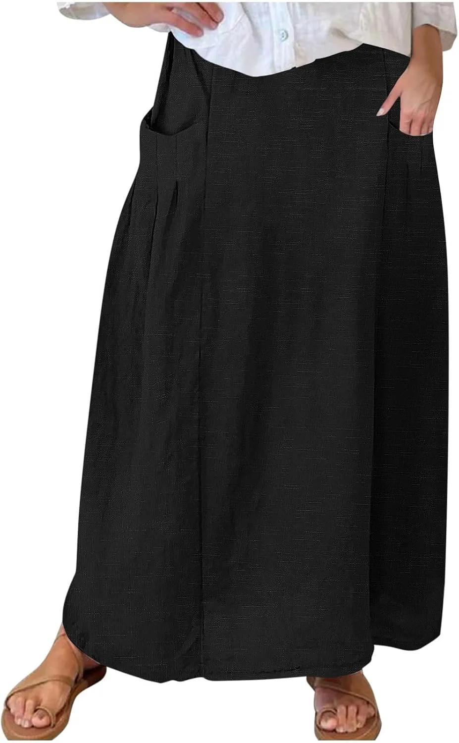 Women Casual Elastic High Waist Long Maxi Skirts Stretch Lightweight Plus Size Knee Length Skirt Summer Beach Dress