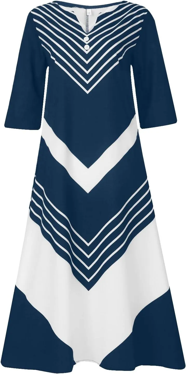Women Casual Summer Stripe Button V Neck Sleeveless Pocket Holiday Dress Floral Sundress Midi Dress