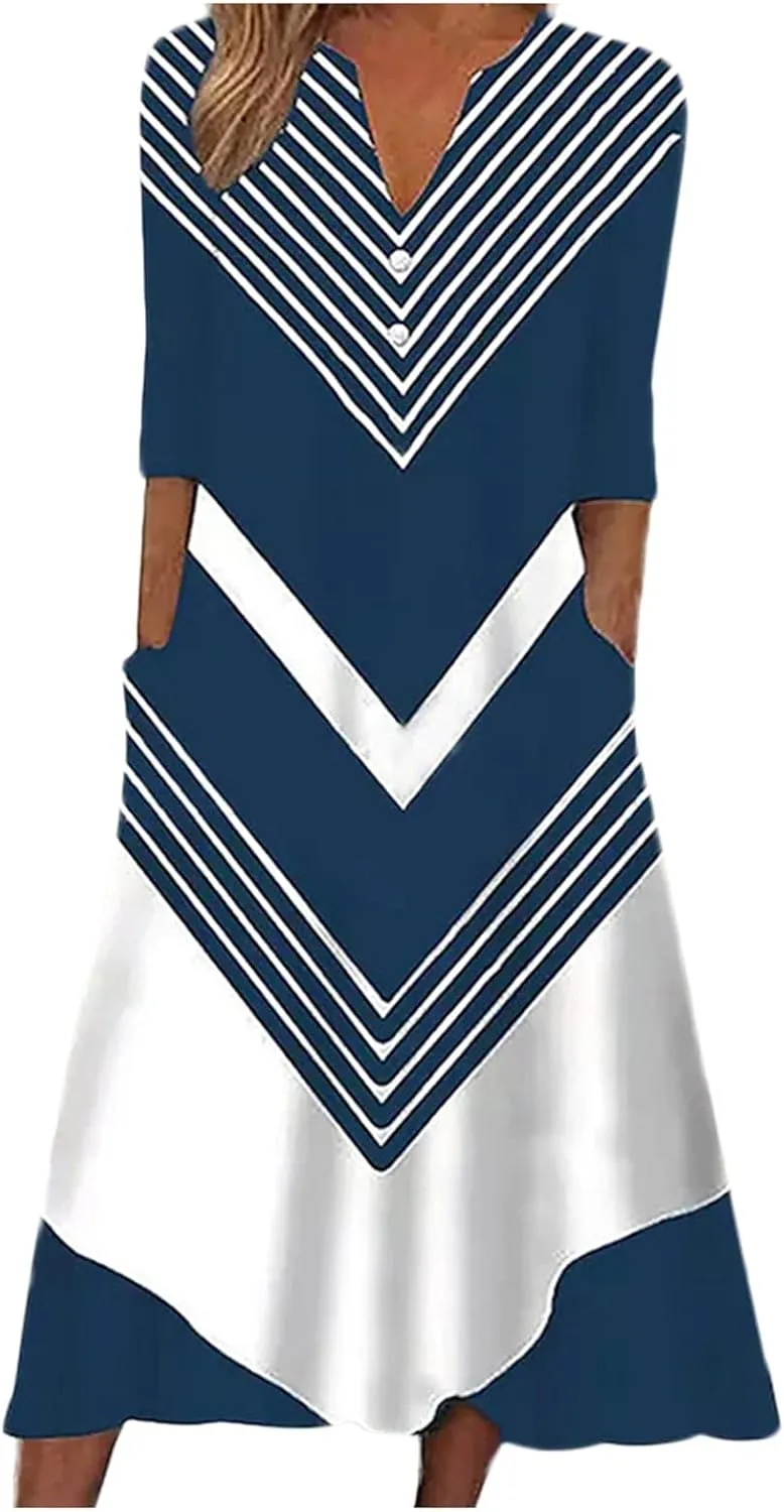 Women Casual Summer Stripe Button V Neck Sleeveless Pocket Holiday Dress Floral Sundress Midi Dress
