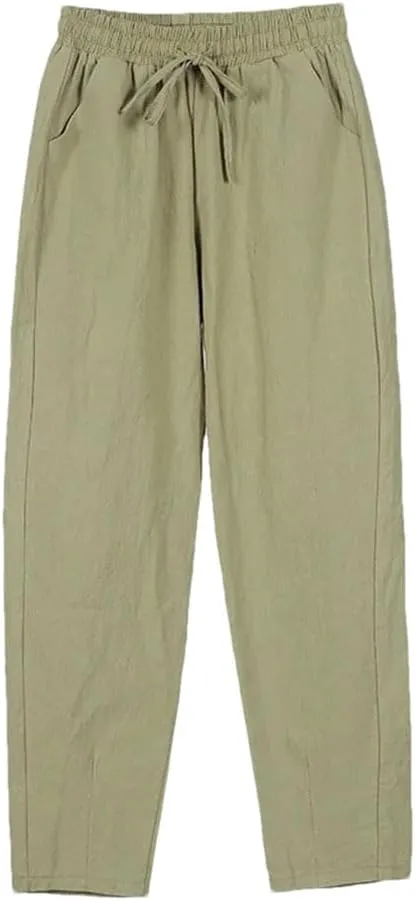 Women Cotton Elastic Waist Solid Color Harem Trousers Casual Ankle-Length Female Pants