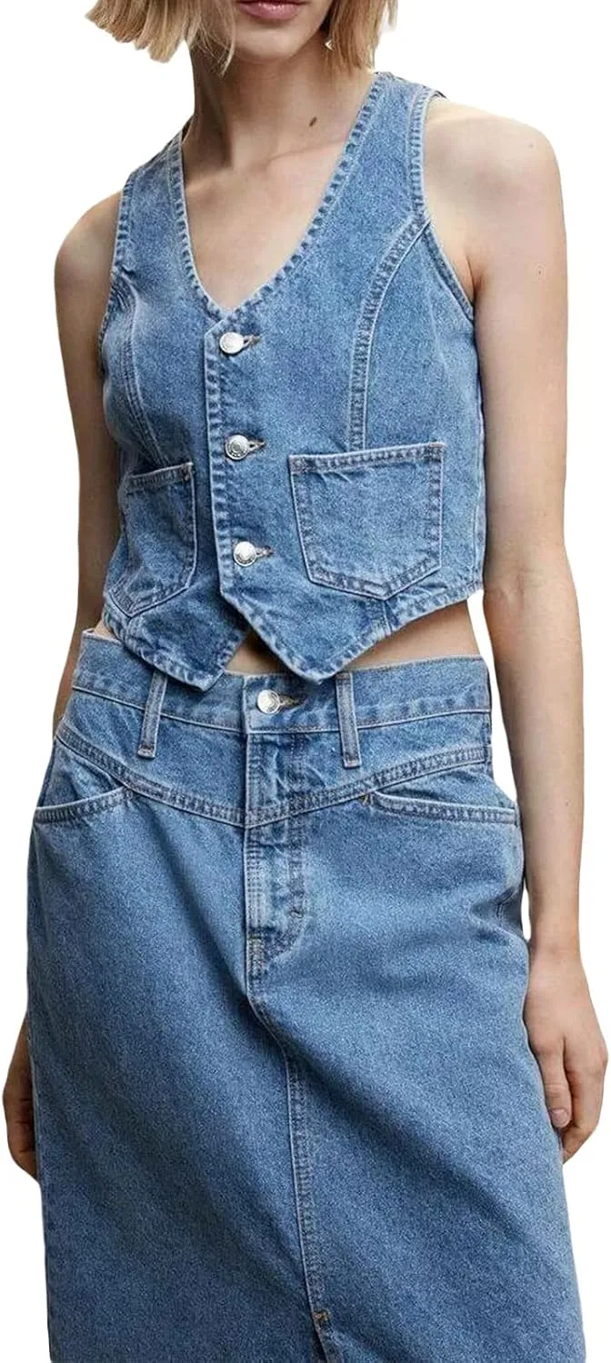 Women Denim Vest Sleeveless Crop Tops Button Denim Gilet Jacket Casual V Neck Jean Waistcoat Y2K Streetwear