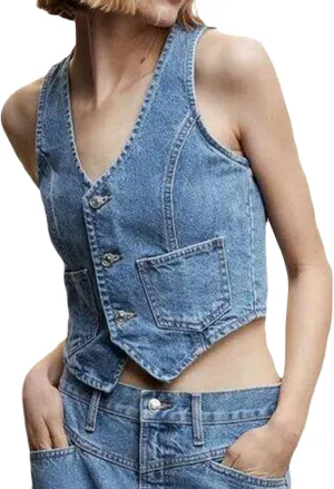 Women Denim Vest Sleeveless Crop Tops Button Denim Gilet Jacket Casual V Neck Jean Waistcoat Y2K Streetwear