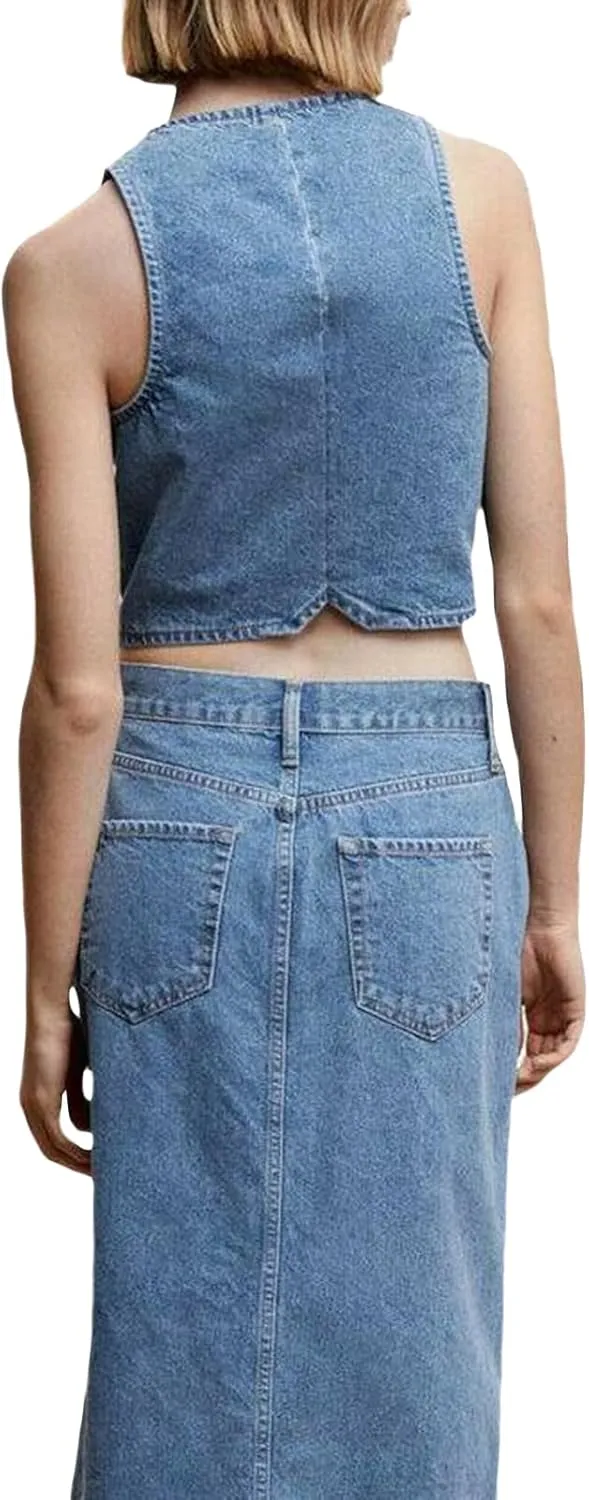 Women Denim Vest Sleeveless Crop Tops Button Denim Gilet Jacket Casual V Neck Jean Waistcoat Y2K Streetwear