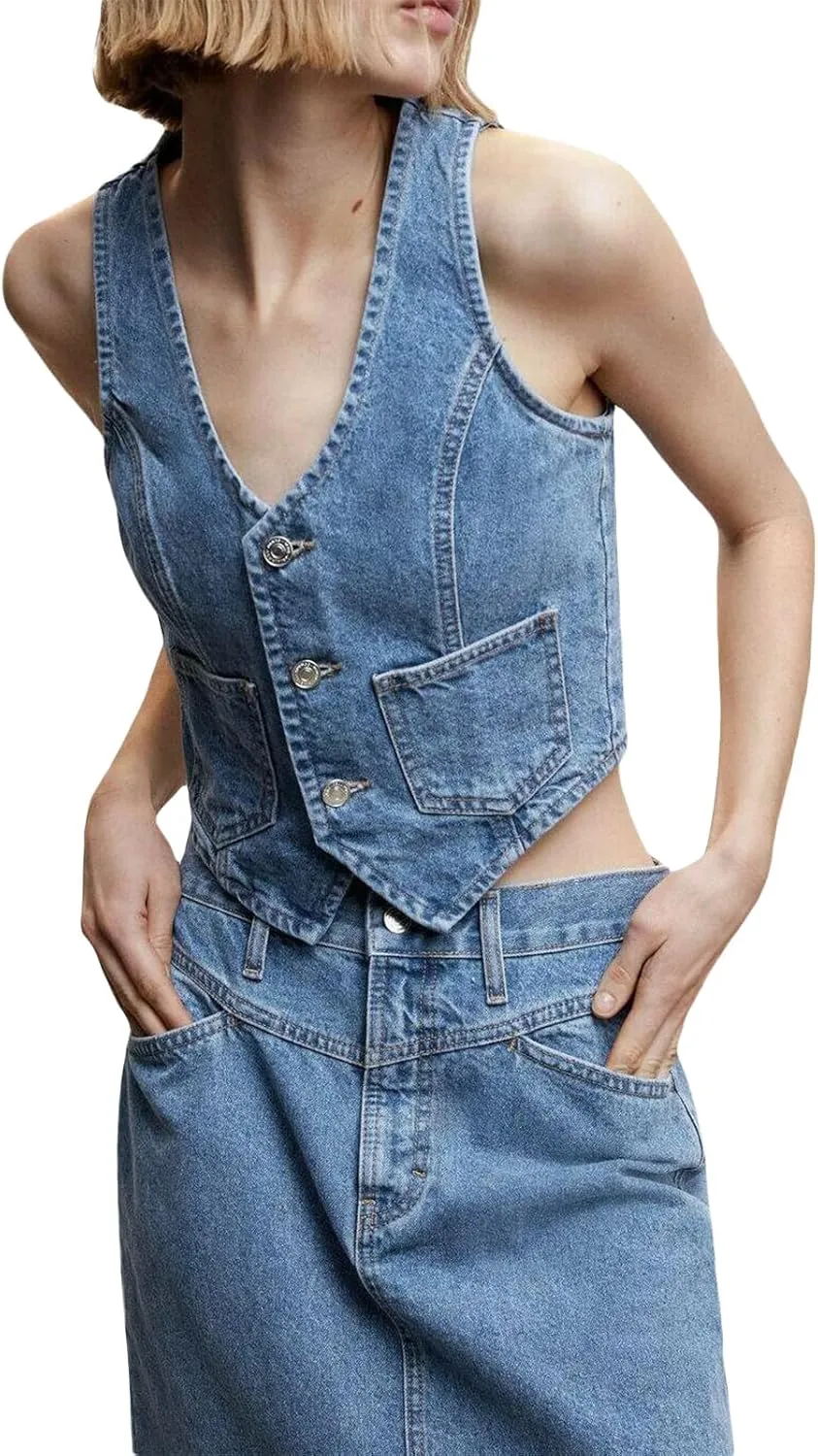 Women Denim Vest Sleeveless Crop Tops Button Denim Gilet Jacket Casual V Neck Jean Waistcoat Y2K Streetwear
