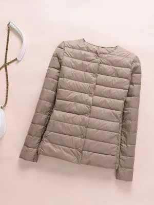 Women Down Coat Ultralight Collarless Duck Down Jacket Portable Padded Parkas O-Neck Puffer Overcoat