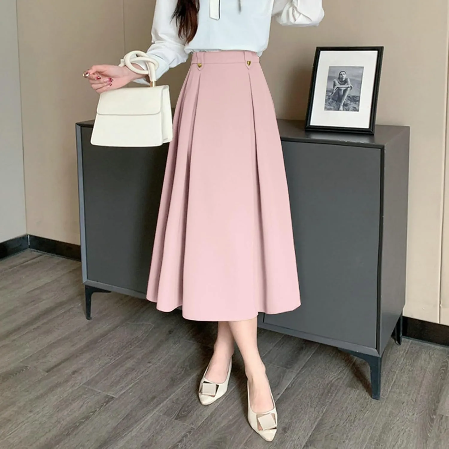 Women Fashion Casual Mid Length Suit Skirt A Line High Waisted Pleated Skirt Daily Long Leather Skirts for Women