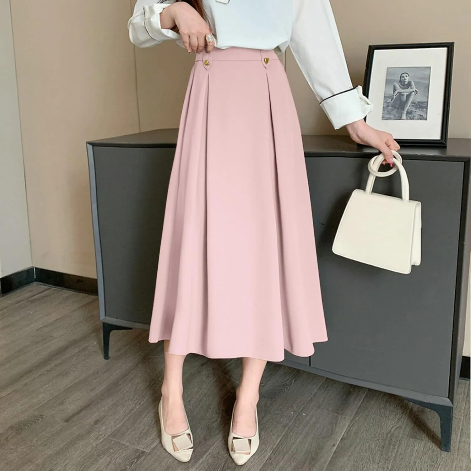 Women Fashion Casual Mid Length Suit Skirt A Line High Waisted Pleated Skirt Daily Long Leather Skirts for Women