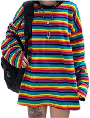Women Girls Rainbow Striped T Shirt Oversized Long Sleeve Pullover Sweatshirt Tops for Causal Street Wear Festivals