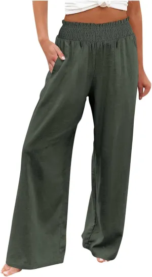 Women Linen Blend Summer Split Flowy Palazzo Lounge Pants Elastic Waist Ankle Length Slim-Fit Palazzo Lounge