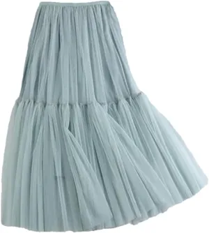 Women Mesh Skirt Elastic High Waist Fluffy Irregular Hem Casual A-Line Midi Skirts