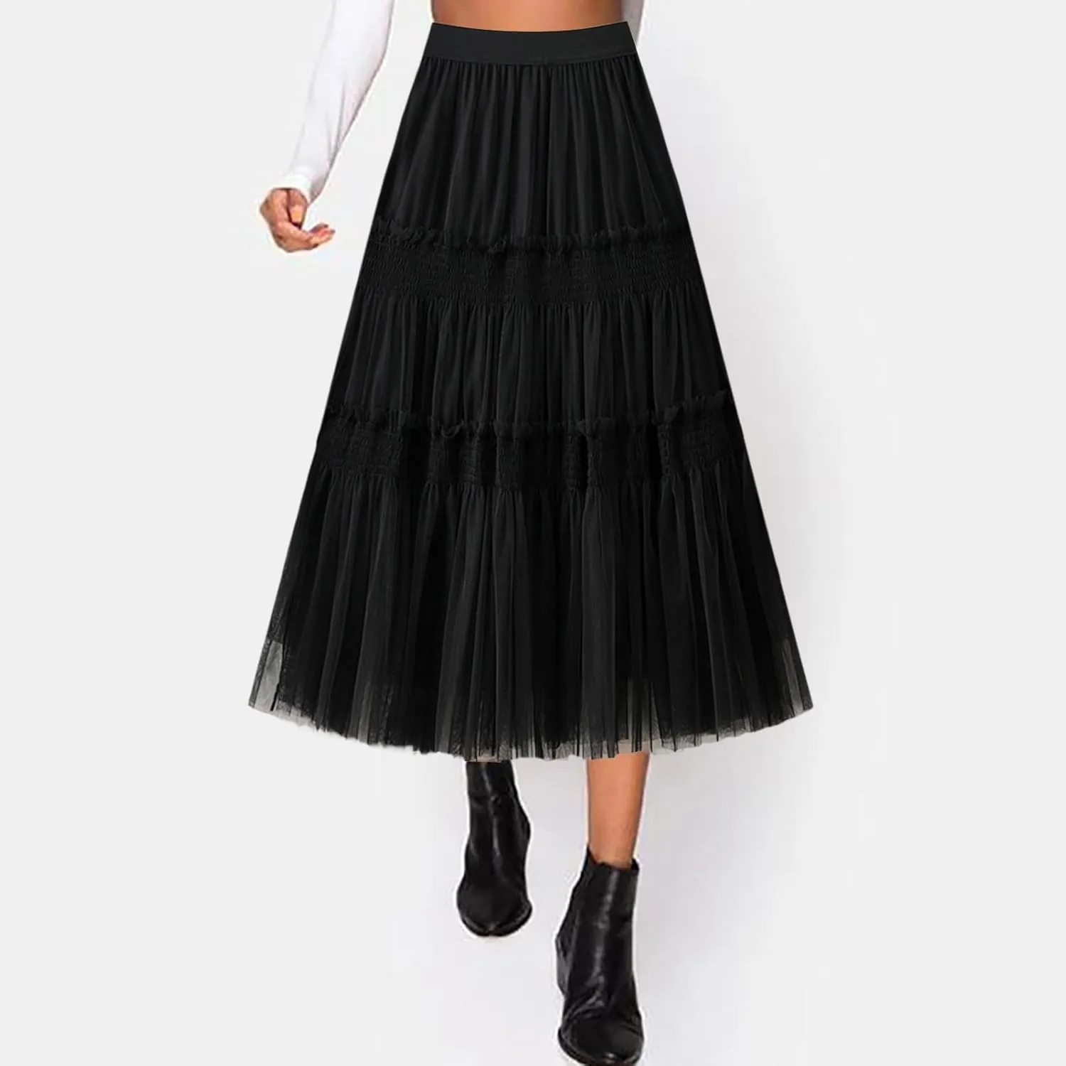 Women Mid Length Skirt Dance Party A Line High Waisted Ruffles Tulle Skirt Holiday Party Costume Half Skirt Women