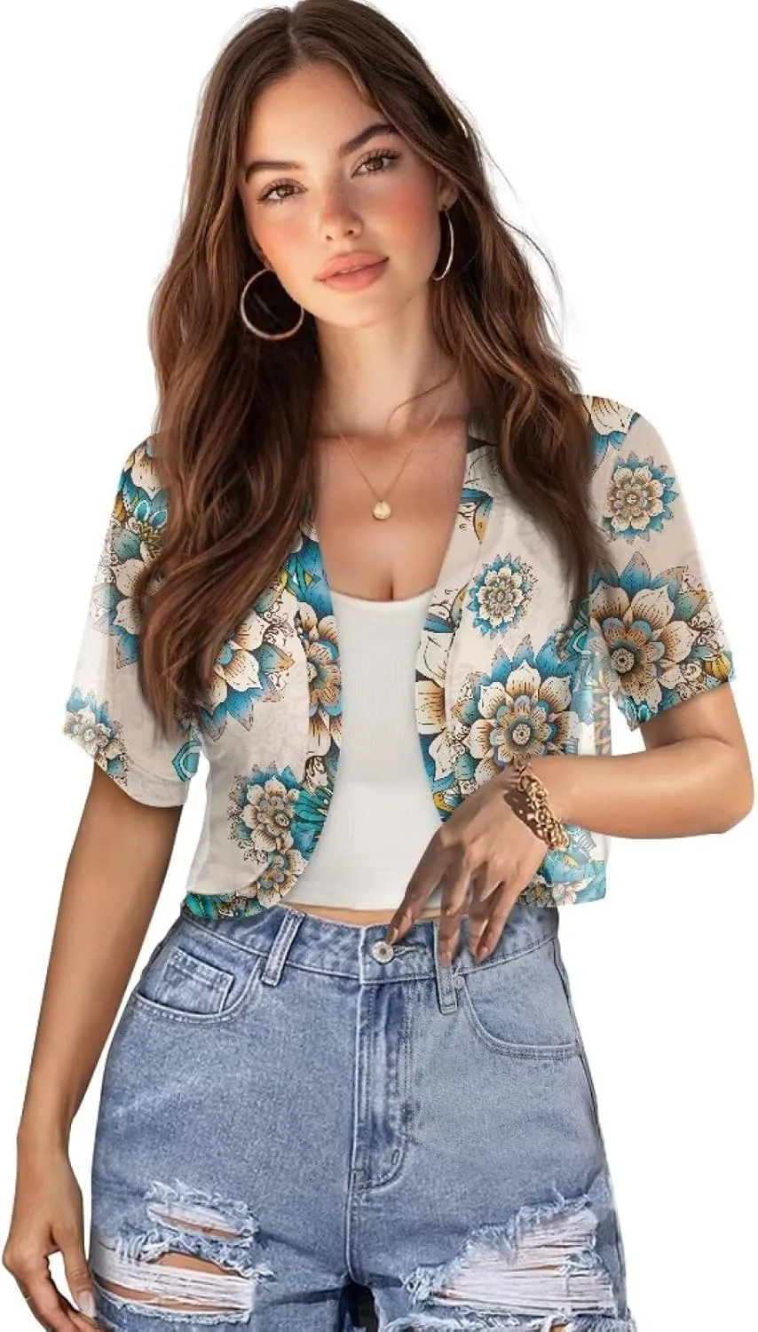 Women Open Front Mesh Bolero Shrugs Short Sleeve Cropped Chiffon Cardigan Lightweight Sheer Summer Jacket Tops