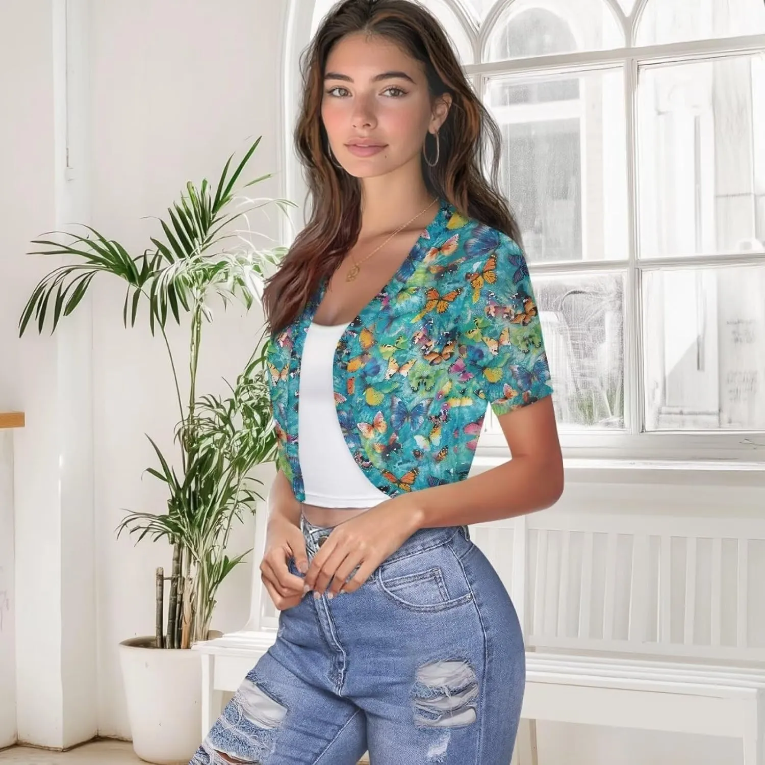 Women Open Front Mesh Bolero Shrugs Short Sleeve Cropped Chiffon Cardigan Lightweight Sheer Summer Jacket Tops