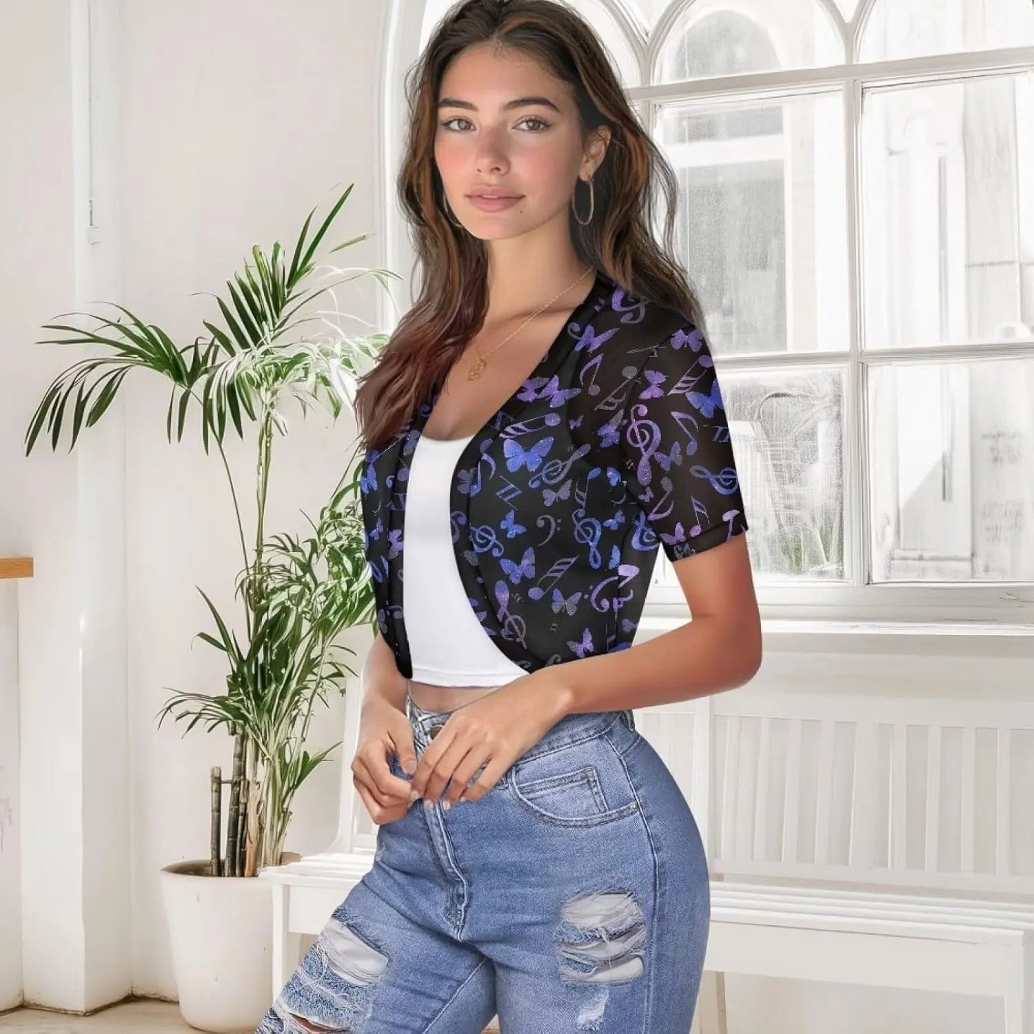 Women Open Front Mesh Bolero Shrugs Short Sleeve Cropped Chiffon Cardigan Lightweight Sheer Summer Jacket Tops