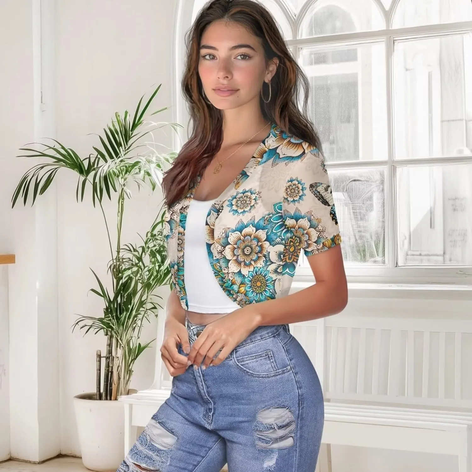 Women Open Front Mesh Bolero Shrugs Short Sleeve Cropped Chiffon Cardigan Lightweight Sheer Summer Jacket Tops